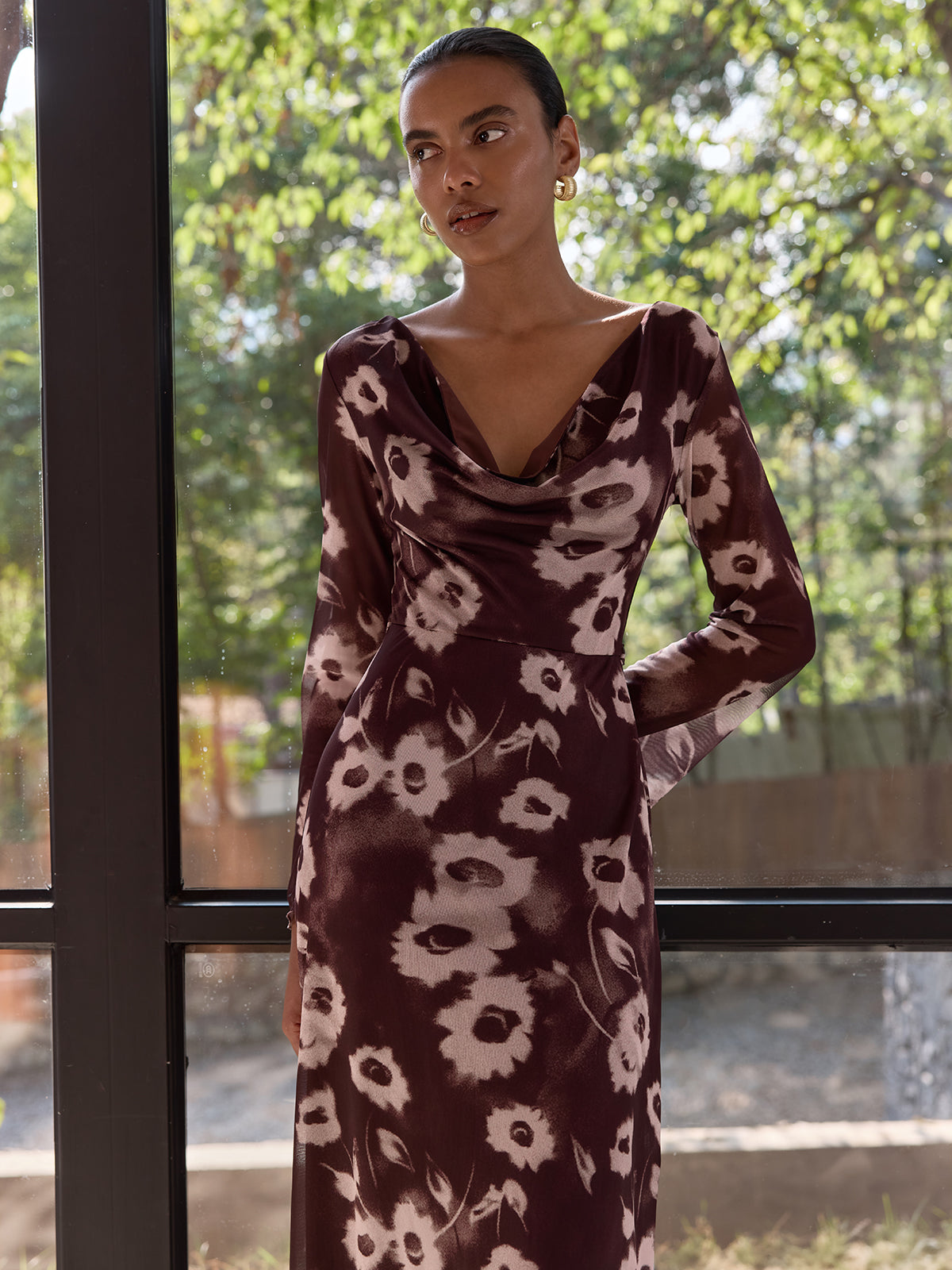 Floral Mesh Maxi Dress with Cowl Neck Detail