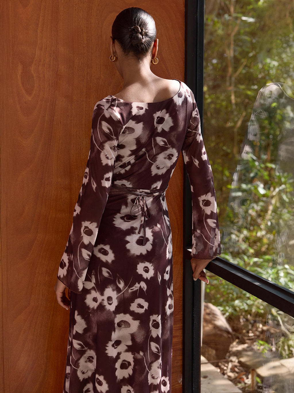 Floral Mesh Maxi Dress with Cowl Neck Detail