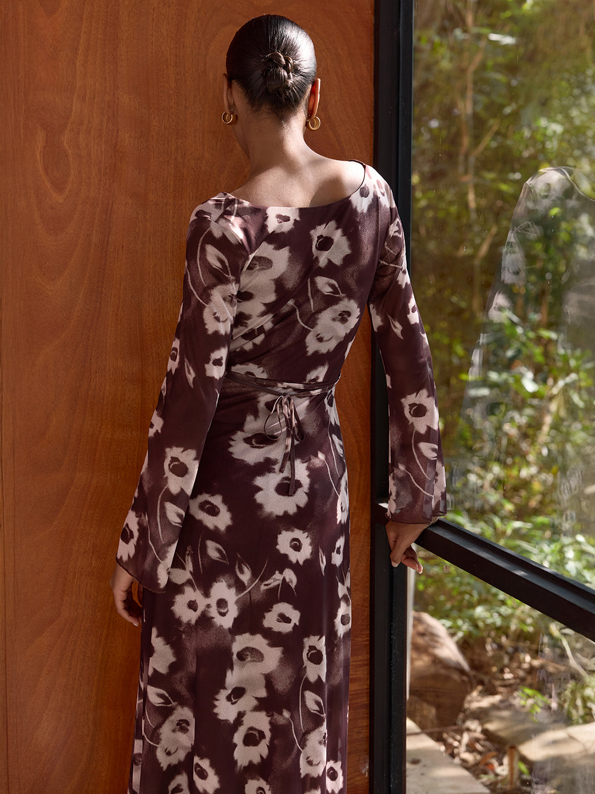 Floral Mesh Maxi Dress with Cowl Neck Detail