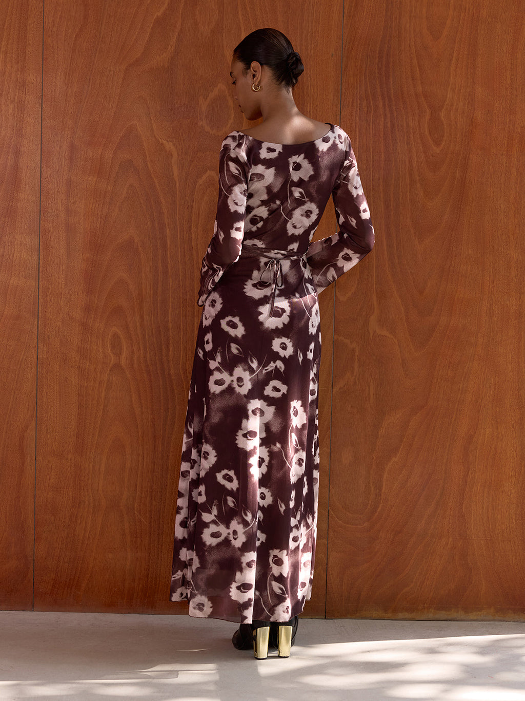Floral Mesh Maxi Dress with Cowl Neck Detail