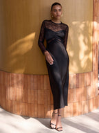 Satin Midi Dress with Sheer Lace Panel Detail