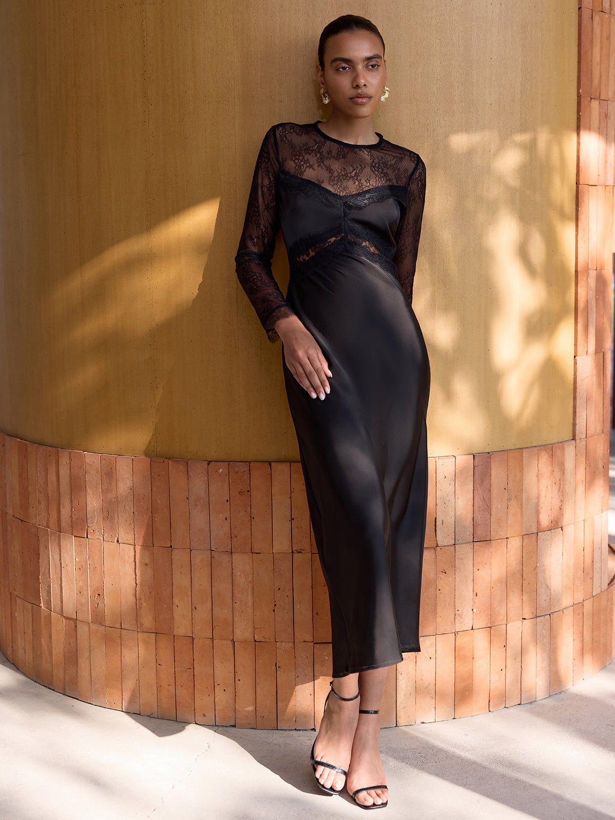 Satin Midi Dress with Sheer Lace Panel Detail