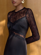Satin Midi Dress with Sheer Lace Panel Detail
