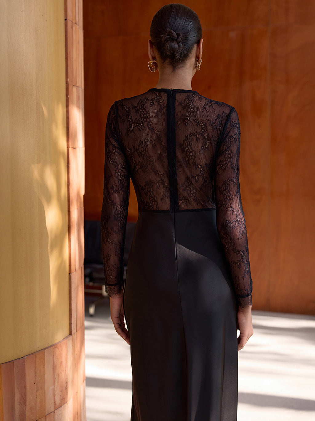 Sheer Lace Detail Satin Midi Elegant Outfit