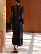 Satin Midi Dress with Sheer Lace Panel Detail