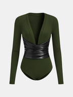 V-Neck Bodysuit with Faux Leather Wrap Waist