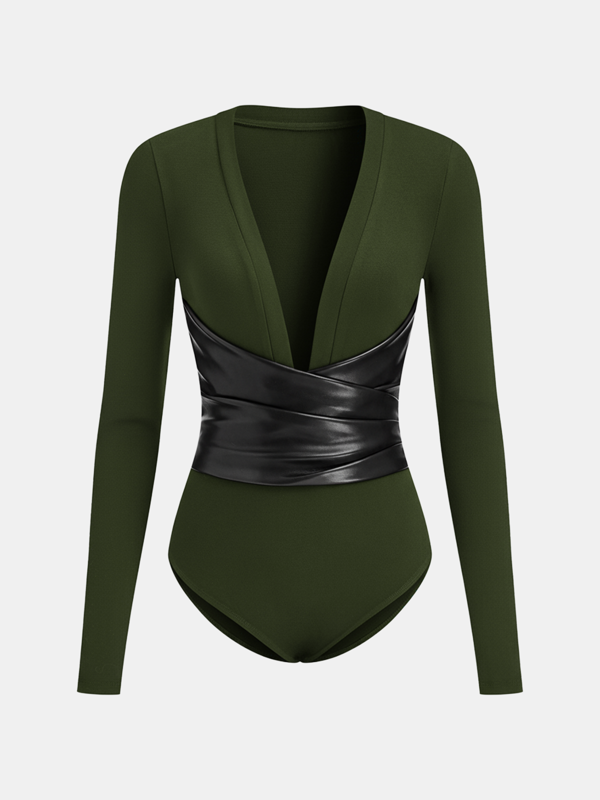 V-Neck Bodysuit with Faux Leather Wrap Waist