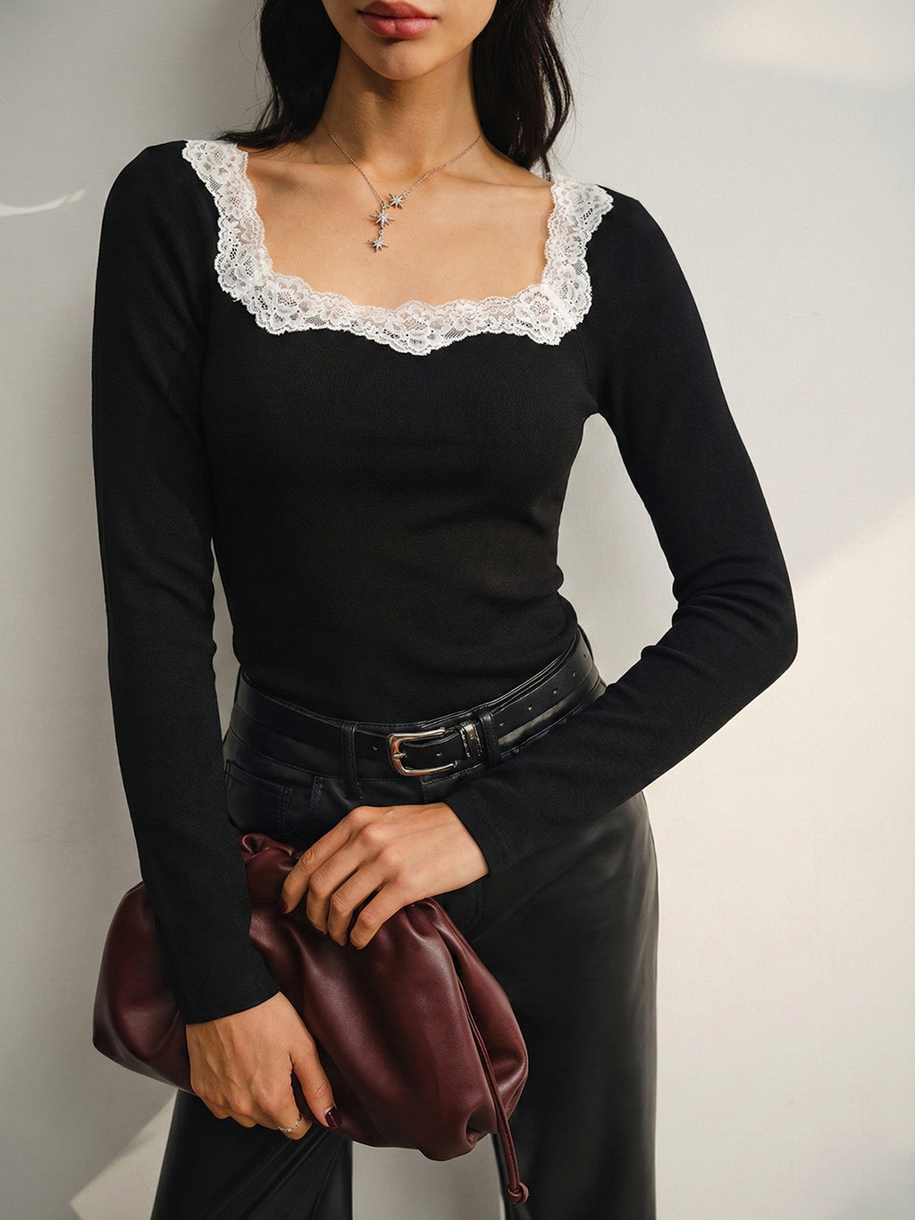 Ribbed Lace Square Neck Long-Sleeve Top