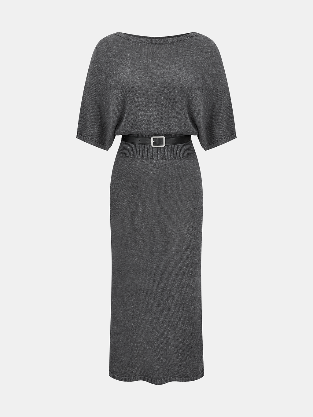 Belted Midi Dress with Batwing Sleeves in Knit