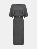 Belted Midi Dress with Batwing Sleeves in Knit