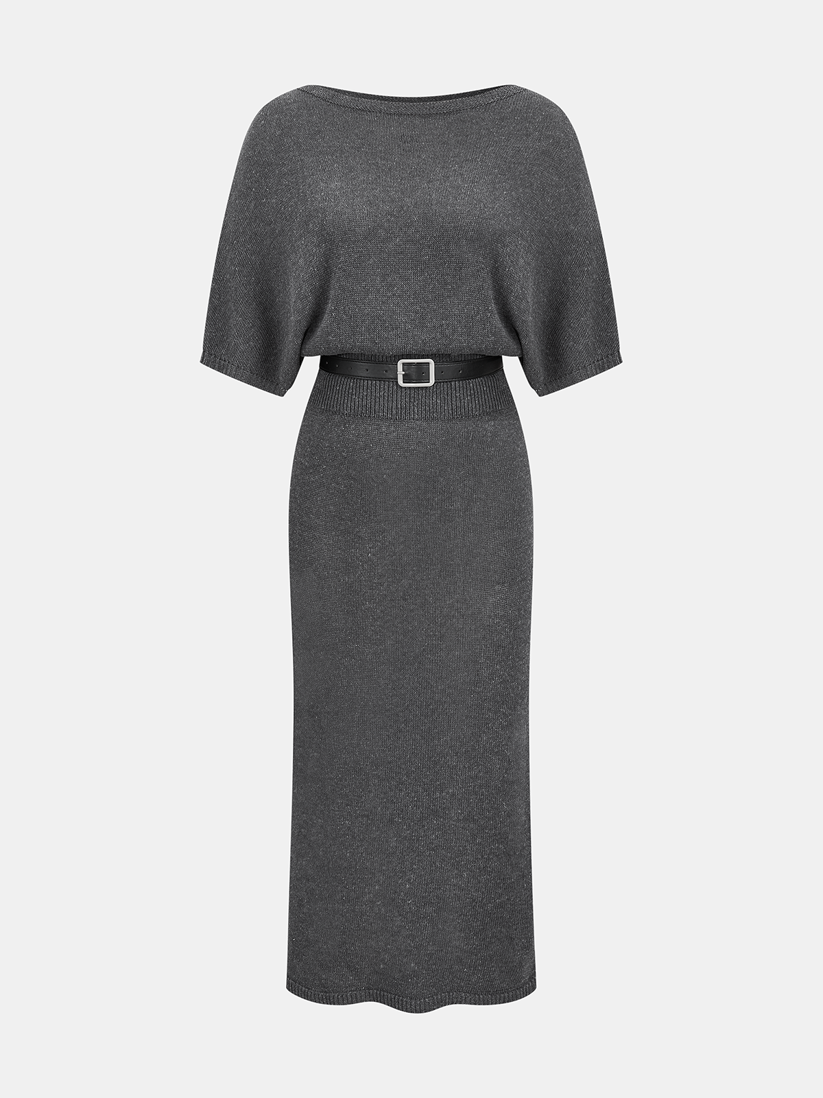 Batwing Sleeve Midi Dress with Belted Knit Design