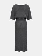 Batwing Sleeve Midi Dress with Belted Knit Design
