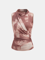 Tie Dye Sleeveless Top with Asymmetric Mesh Ruching