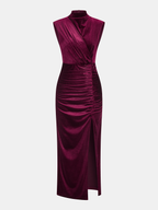 Sleeveless Velvet Maxi Dress with Side Slit Neck