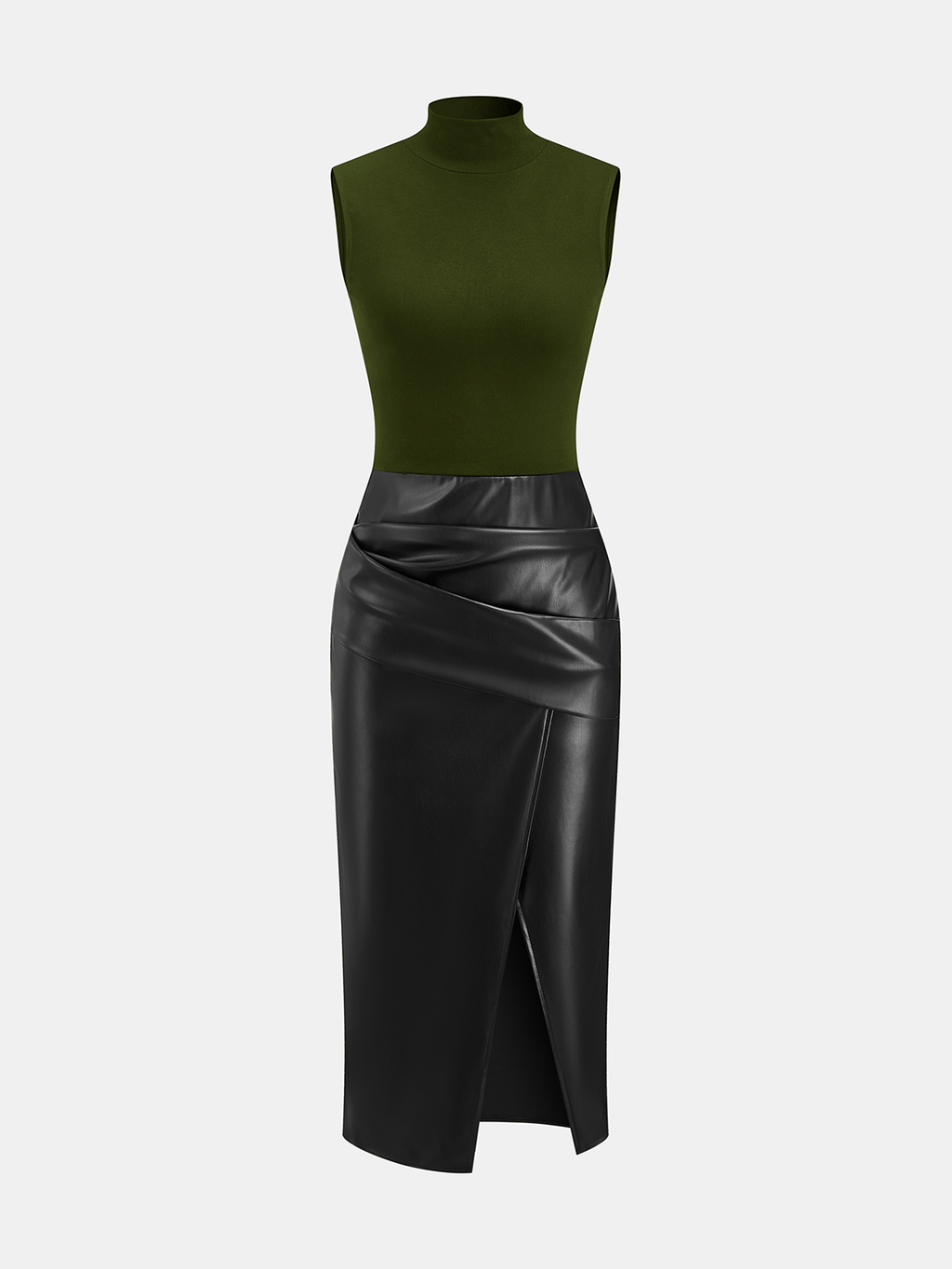 Mock Neck Sleeveless Dress with Faux Leather Panel