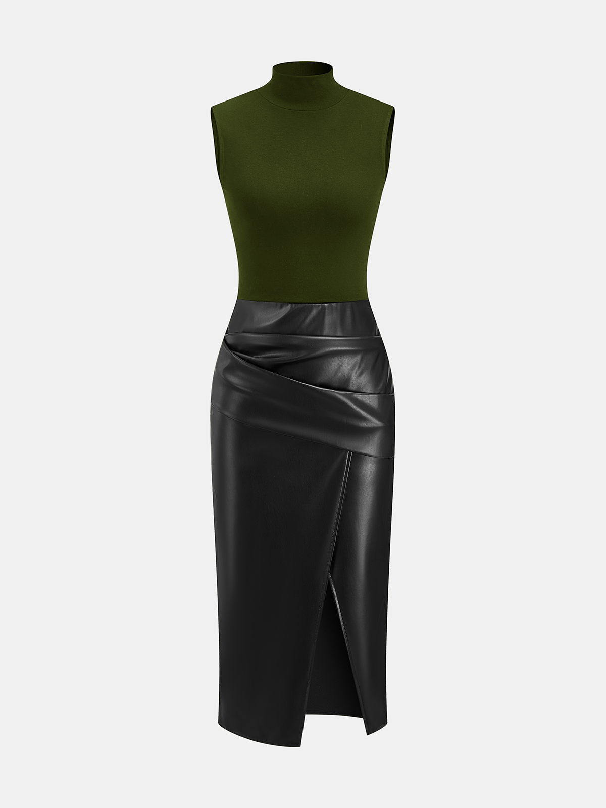 Mock Neck Sleeveless Dress with Faux Leather Panel