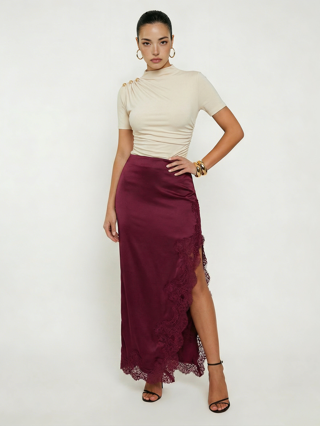 Metallic Accent Ruched Bodysuit with Mock Neck Design