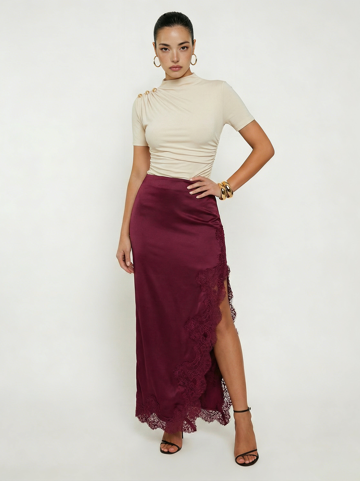 Metallic Accent Ruched Bodysuit with Mock Neck Design