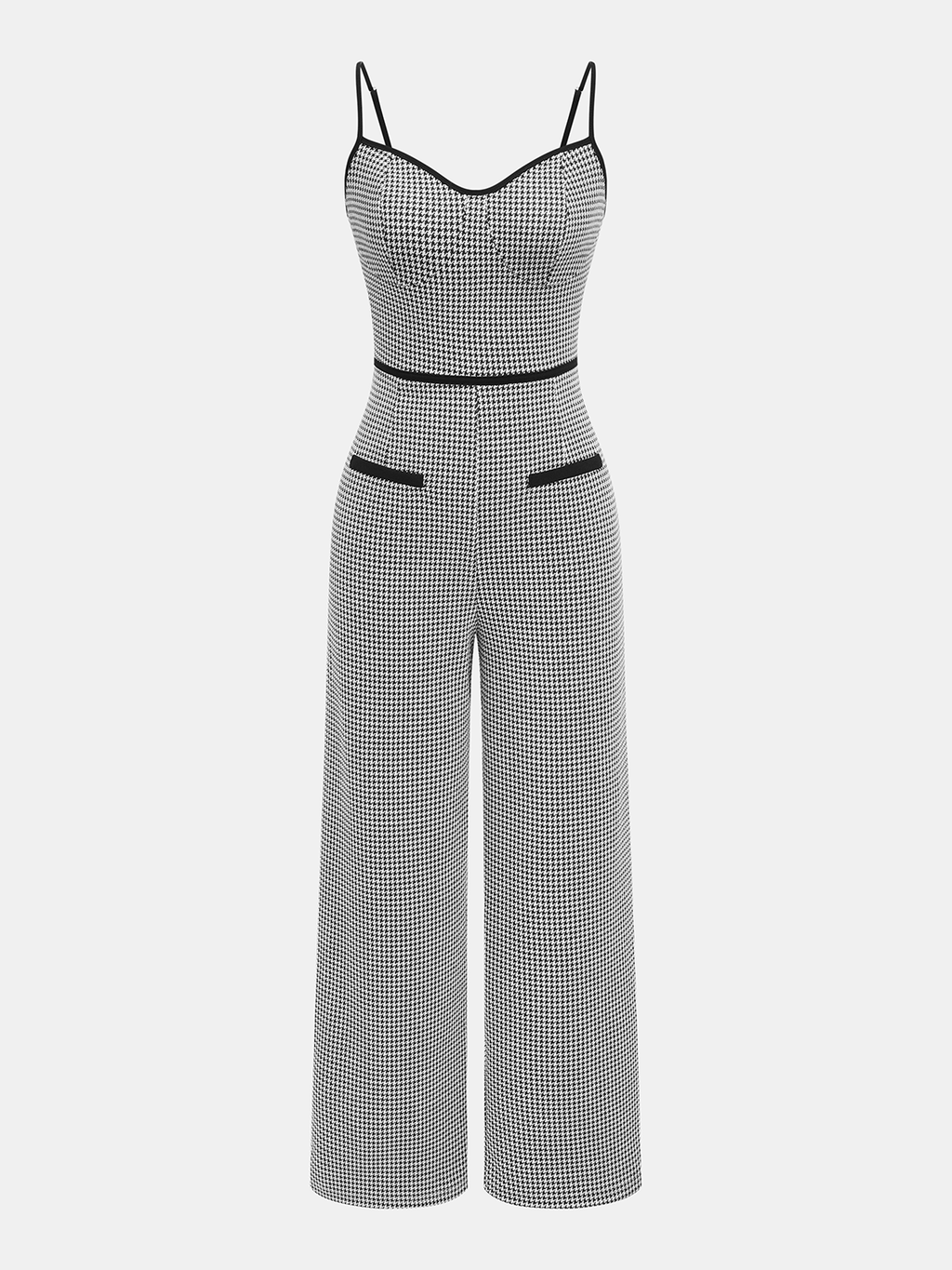 Houndstooth Pattern Cami Jumpsuit with Contrast Trim