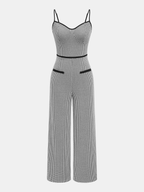 Houndstooth Pattern Cami Jumpsuit with Contrast Trim
