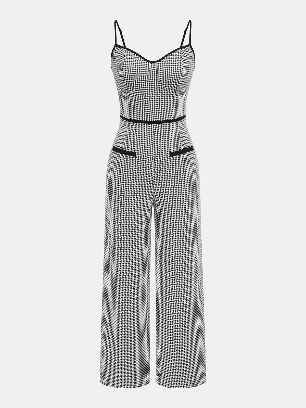 Houndstooth Pattern Cami Jumpsuit with Contrast Trim