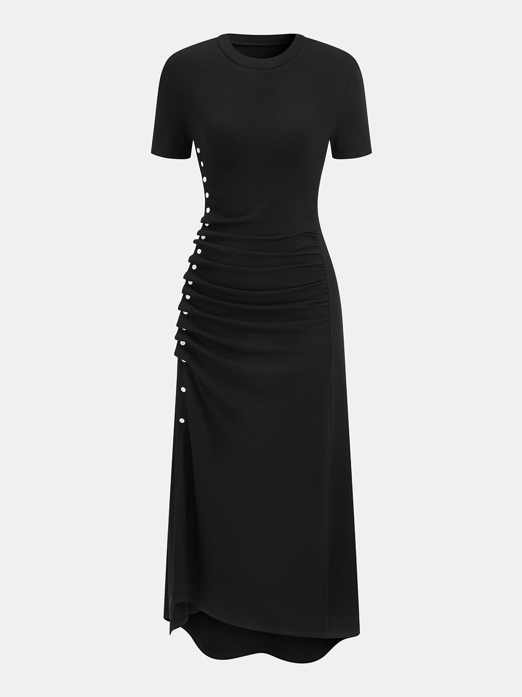 Short-Sleeve Dress with Ruched Sides and Button Accents