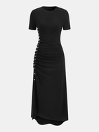 Short-Sleeve Dress with Ruched Sides and Button Accents