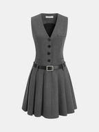 Sleeveless Belted Blazer Dress with Pleated Details