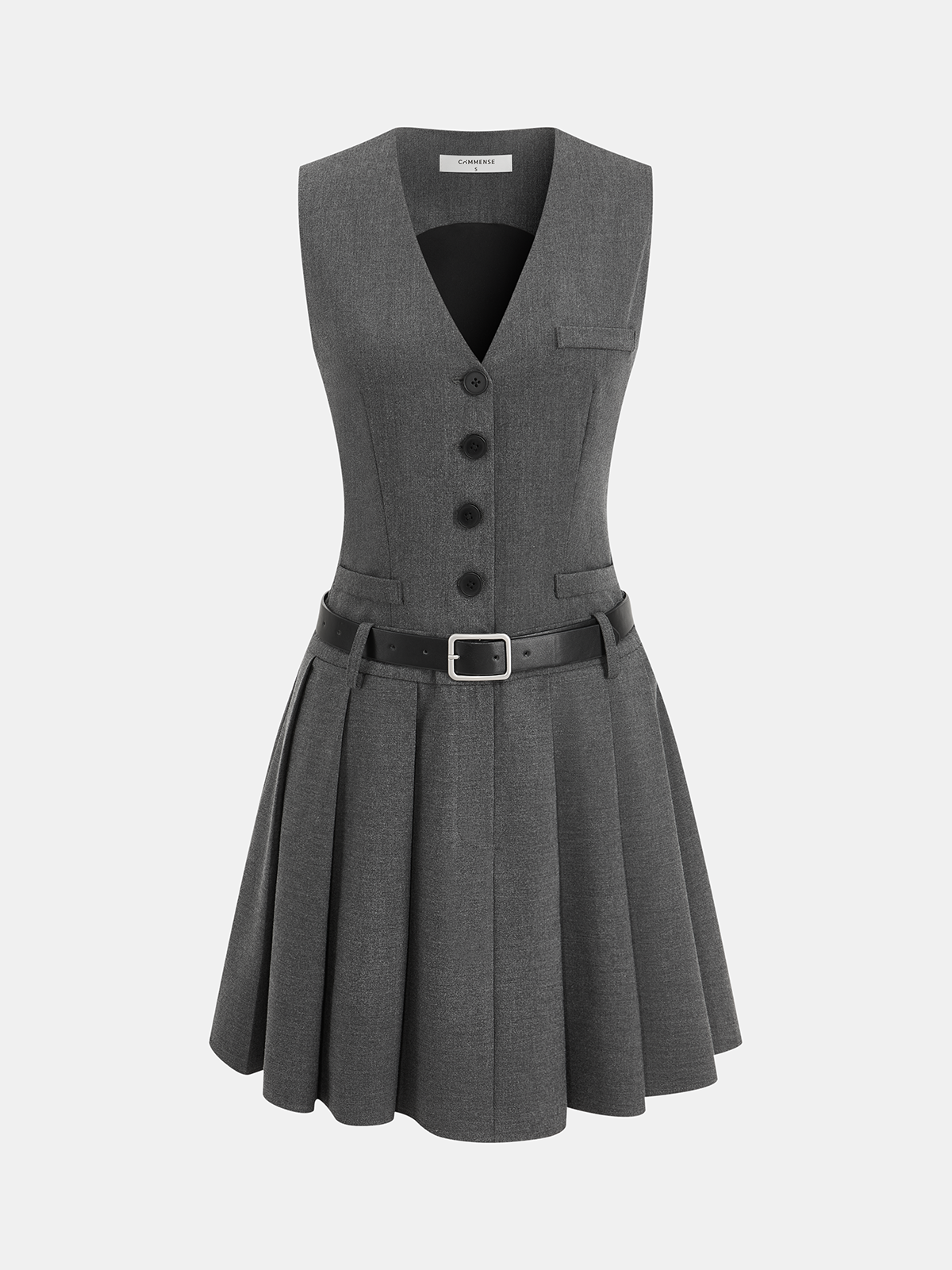 Sleeveless Belted Blazer Dress with Pleated Details