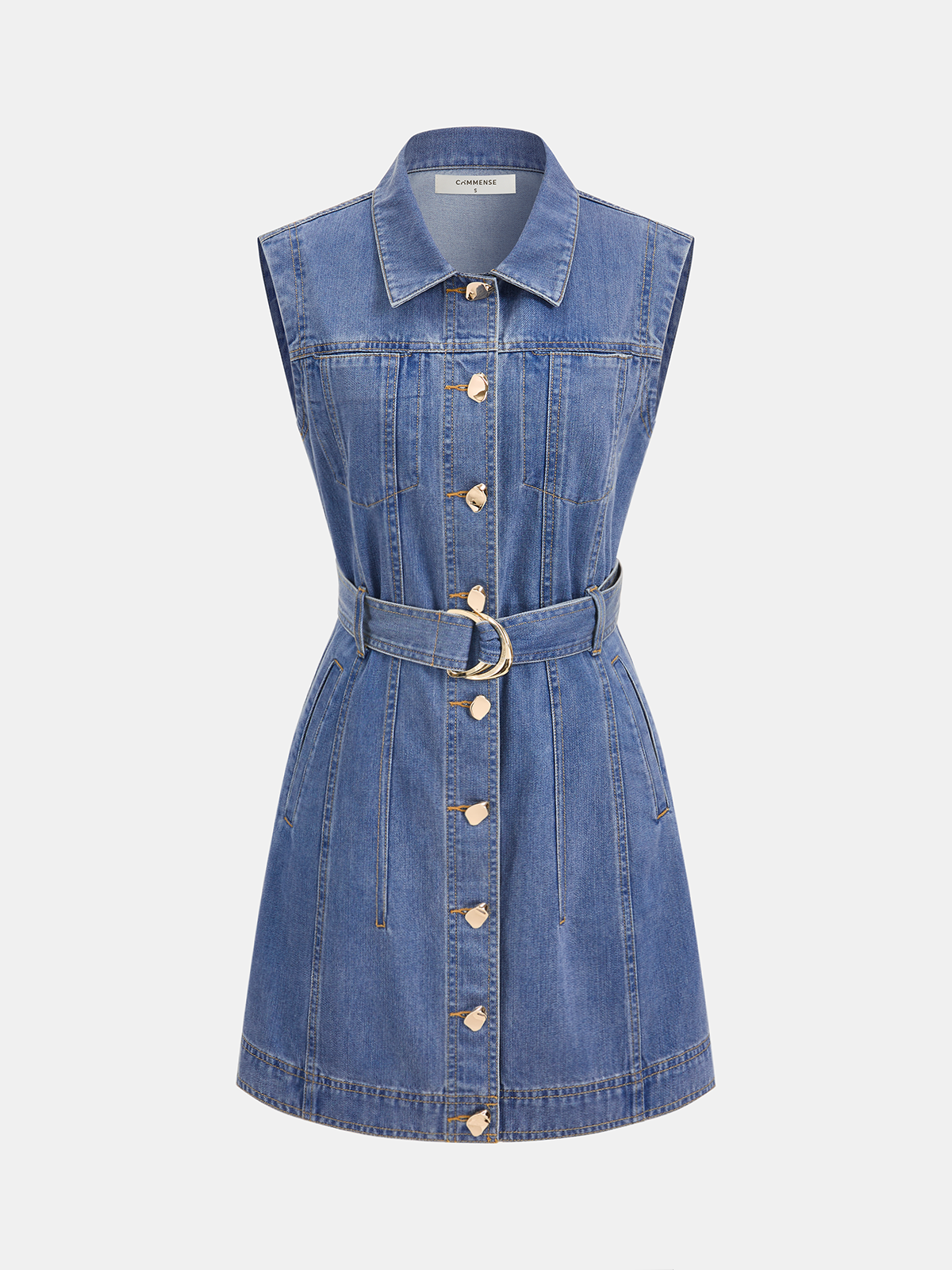 Sleeveless Denim Dress with Belted Waist