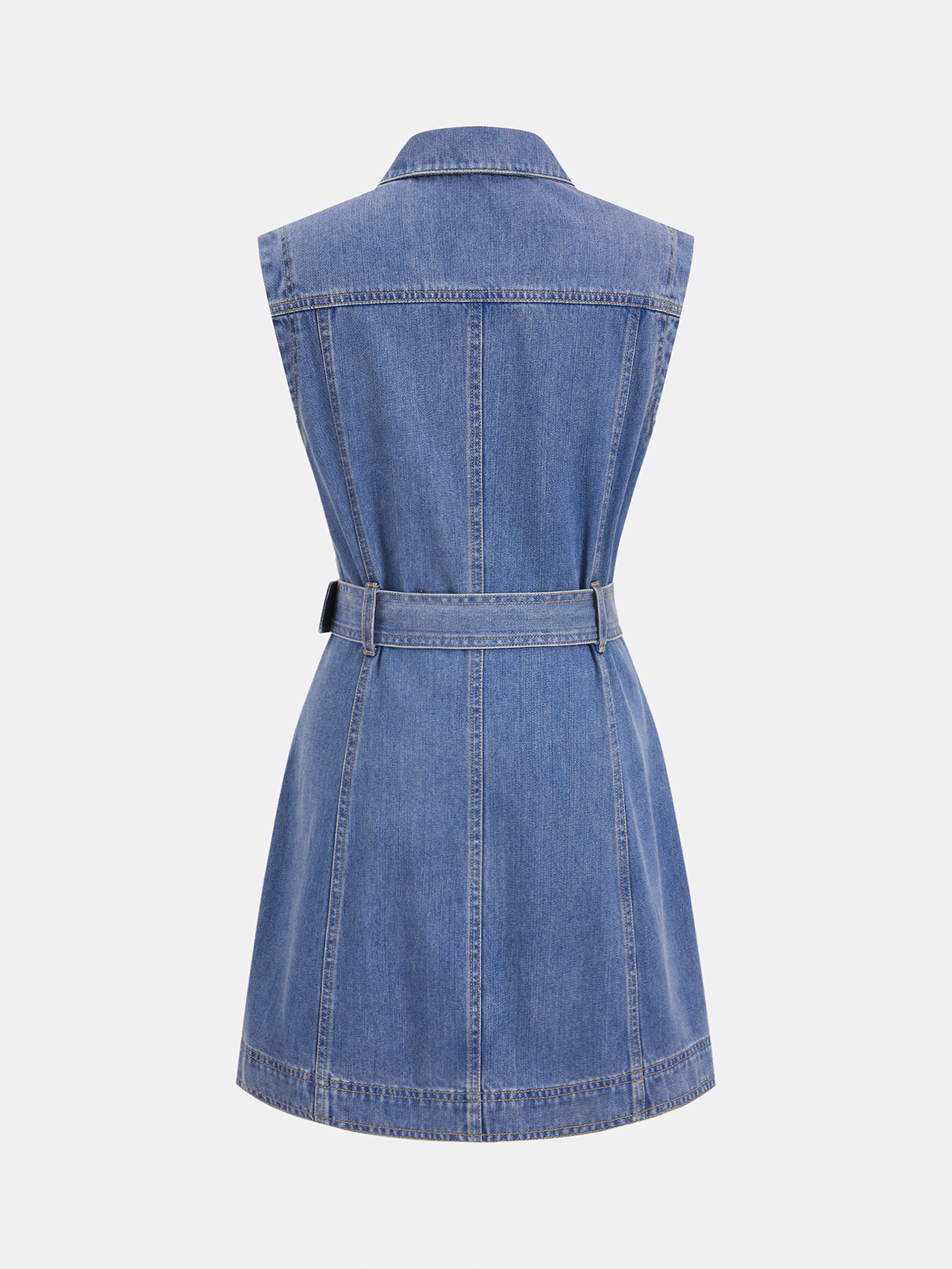 Belted Sleeveless Denim Dress with Shirt Details