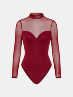 Mock Neck Bodysuit with Sweetheart Cut and Mesh Panel