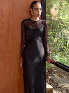 Sheer Lace Detail Satin Midi Elegant Outfit