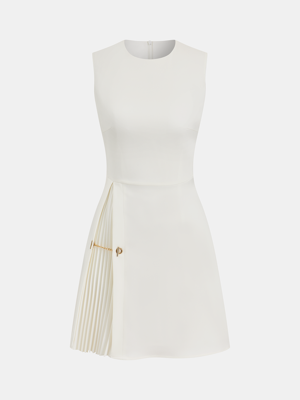 Chain-Accented Pleated Sleeveless Mini Dress