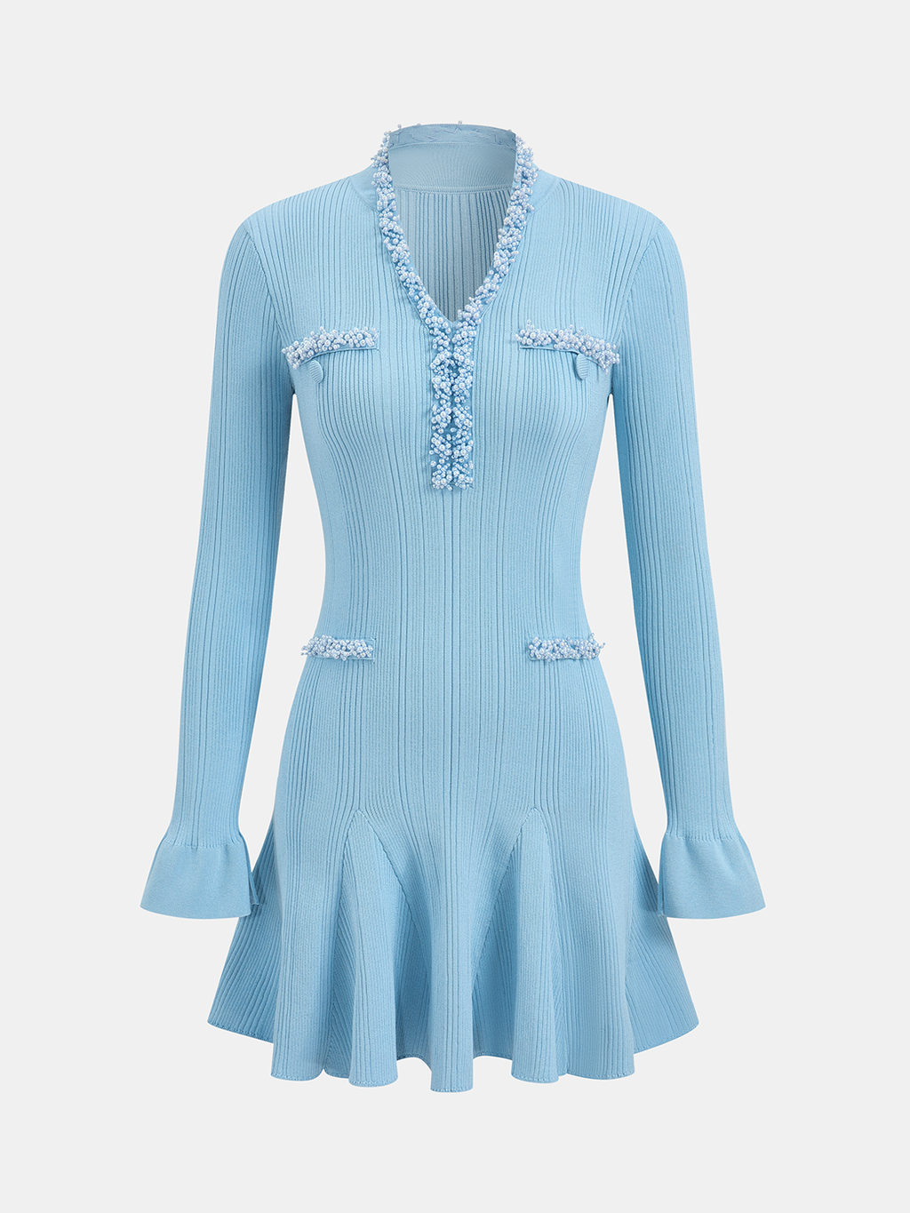 Knit Mini Dress with Pearl Trim and Ruffled Hem