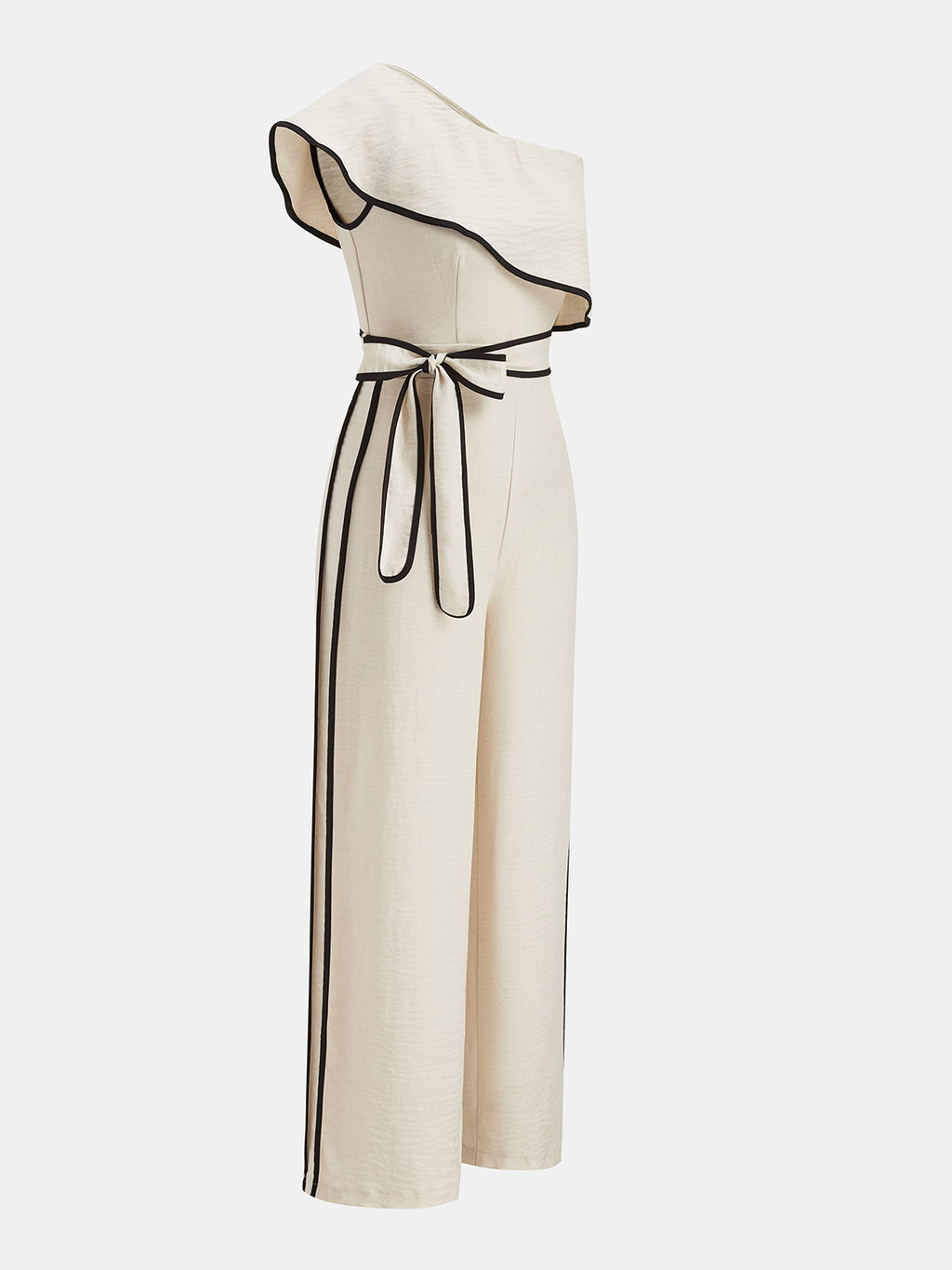 One-Shoulder Jumpsuit with Ruffle Detail and Contrast Piping