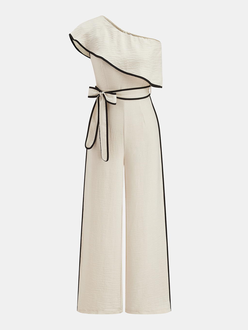 One-Shoulder Jumpsuit with Ruffle Detail and Contrast Piping