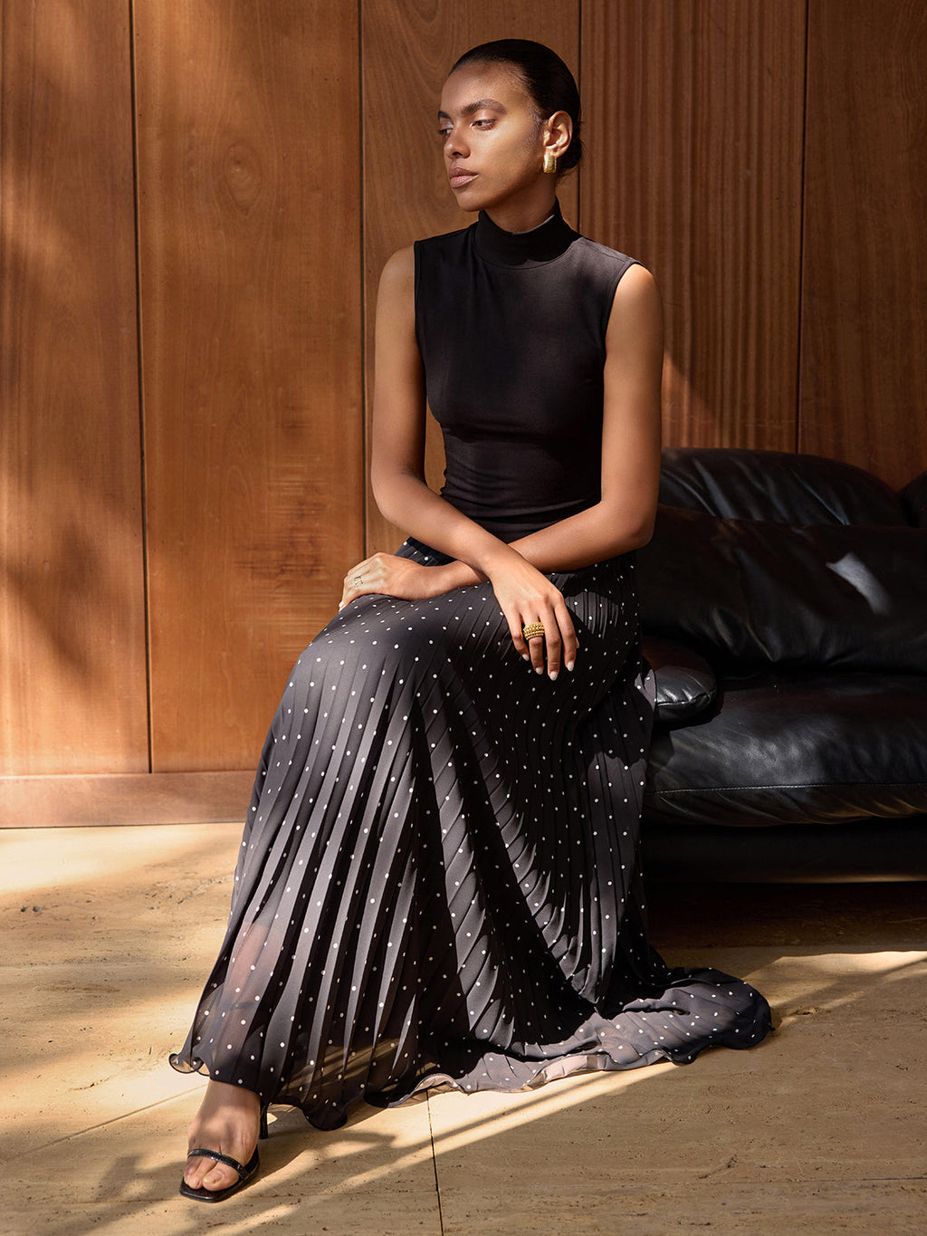 Turtleneck Pleated Maxi Dress with Polka Dots