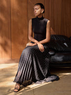 Turtleneck Pleated Maxi Dress with Polka Dots