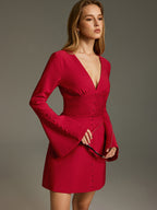 Deep V Mini Dress with Ruched Bell Sleeves
