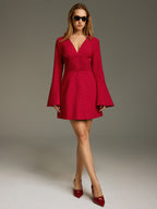 Deep V Mini Dress with Ruched Bell Sleeves