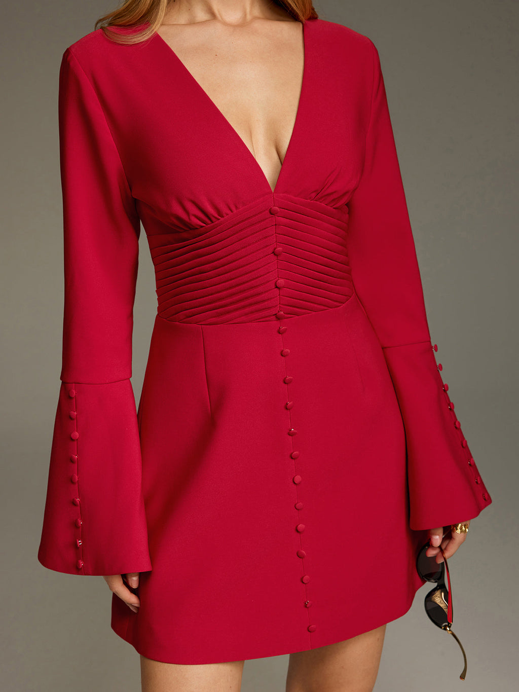 Deep V Mini Dress with Ruched Bell Sleeves