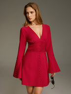 Deep V Mini Dress with Ruched Bell Sleeves