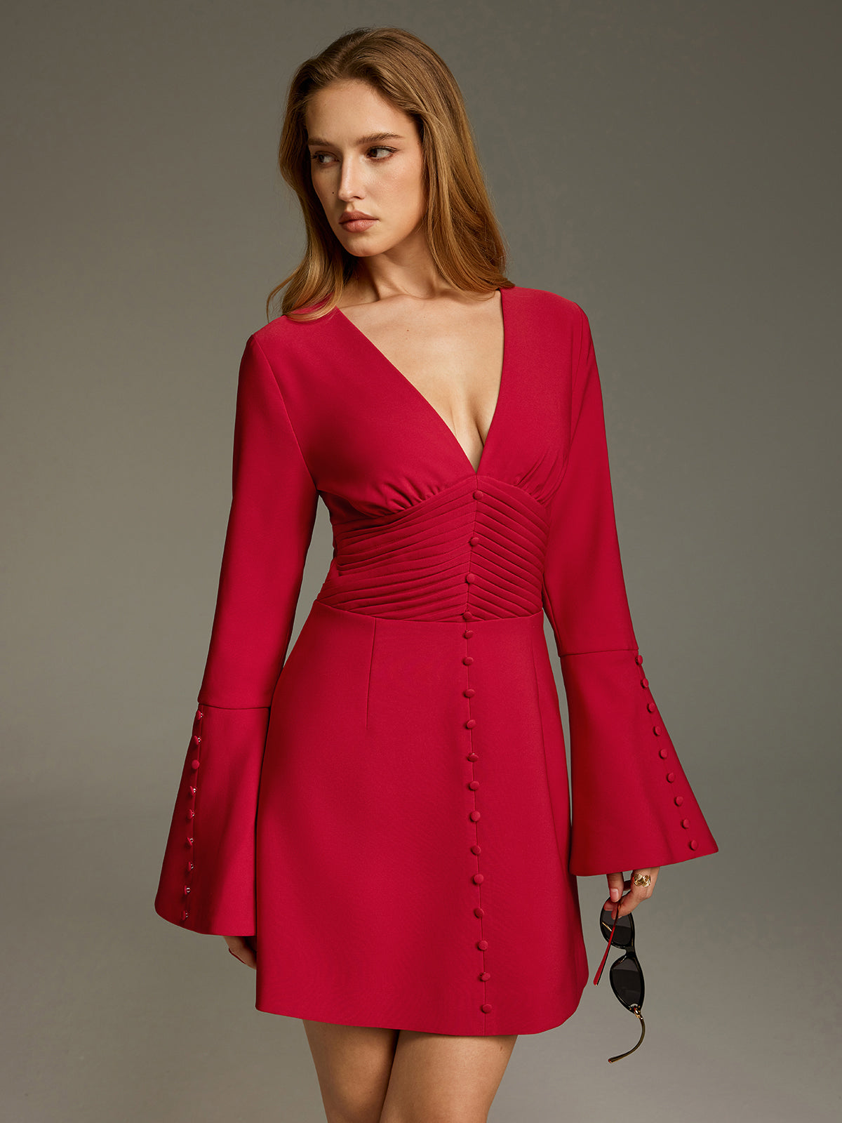 Deep V Mini Dress with Ruched Bell Sleeves