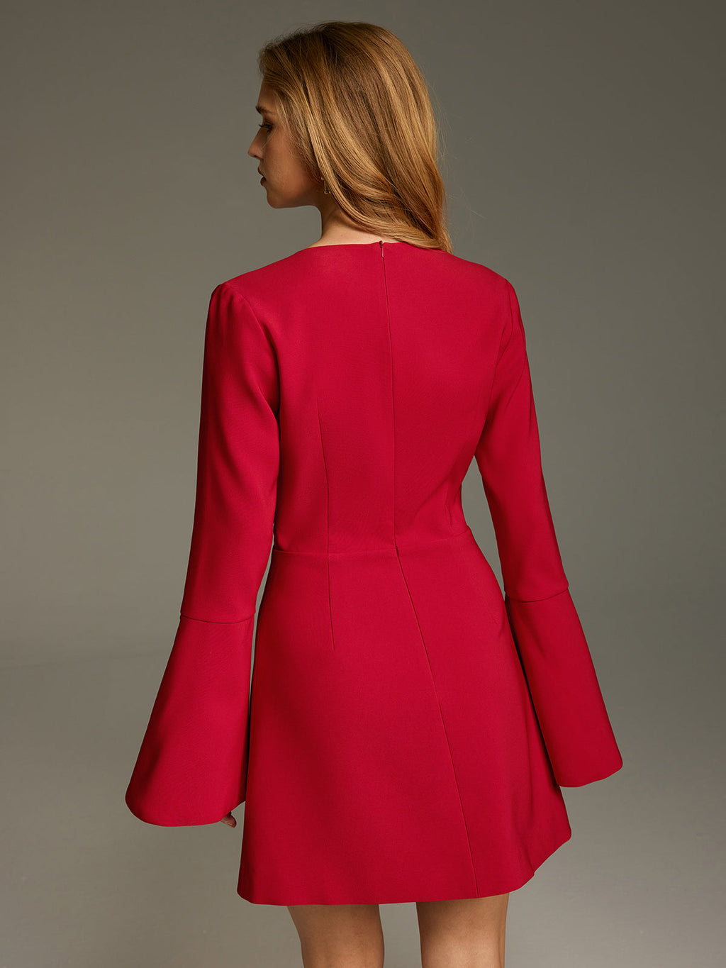 Deep V Mini Dress with Ruched Bell Sleeves