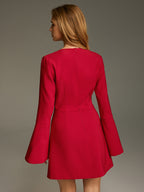Deep V Mini Dress with Ruched Bell Sleeves