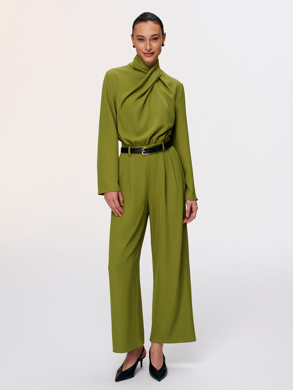 Twist-Neck Belted Jumpsuit with Wide Legs