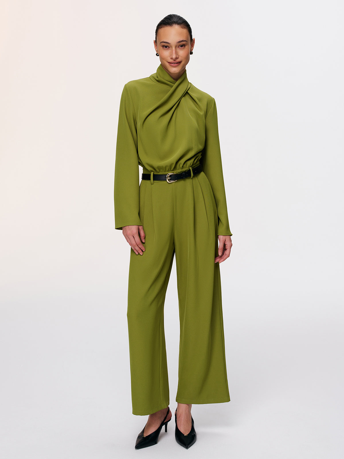 Twist-Neck Belted Jumpsuit with Wide Legs