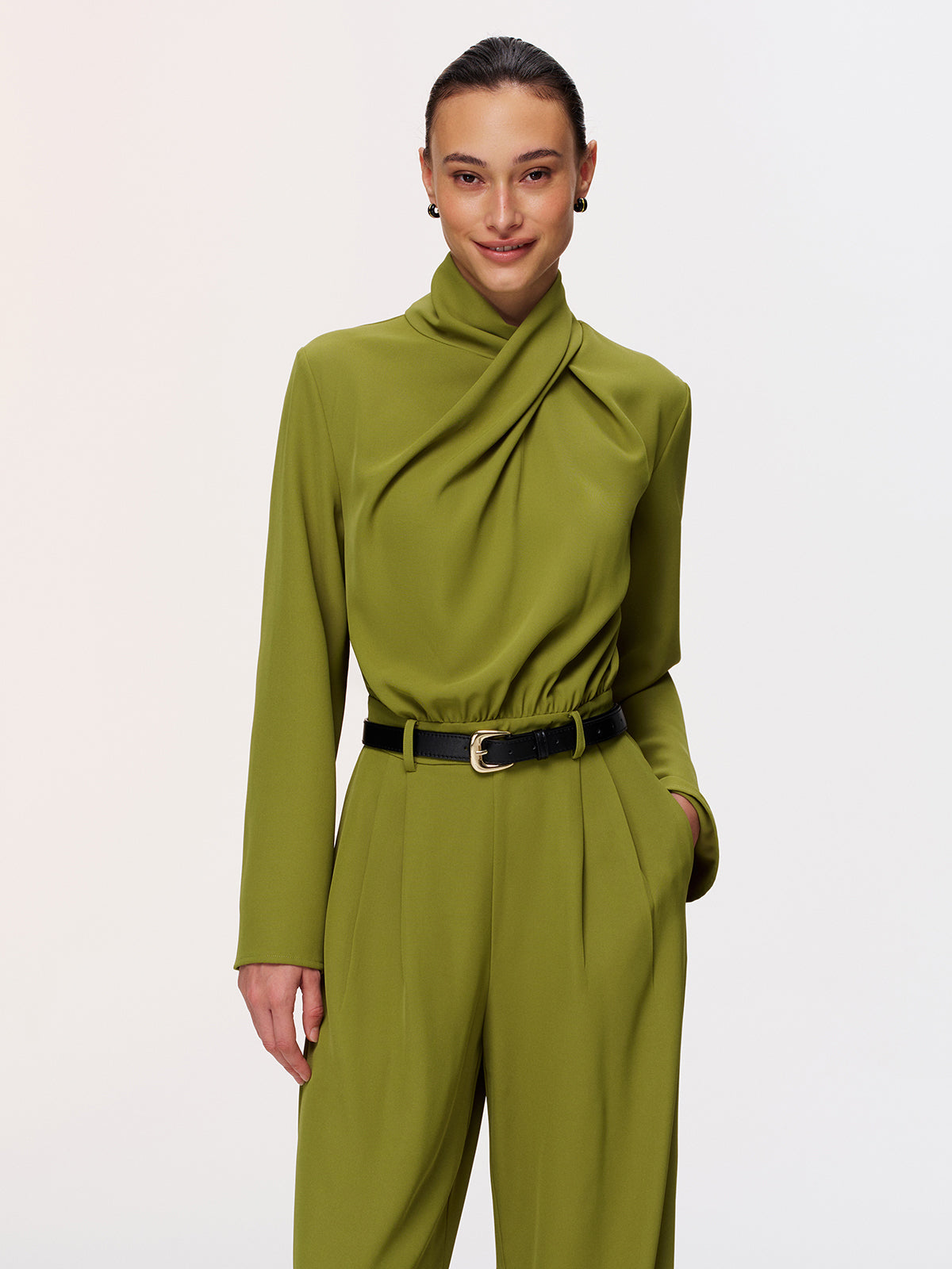 Twist-Neck Belted Jumpsuit with Wide Legs