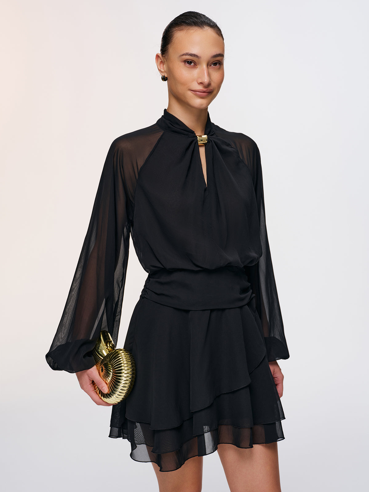 Metallic Accent Sheer Chiffon Mini Dress